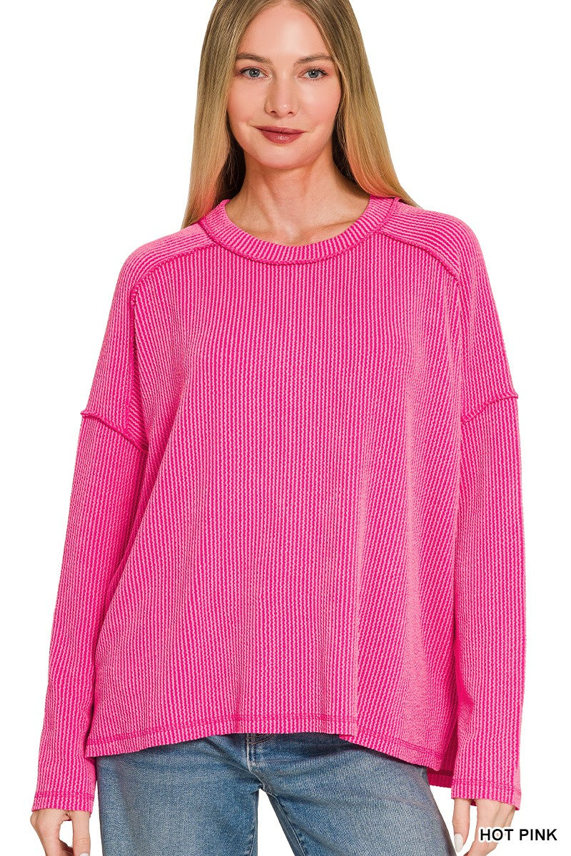 HOT PINK Rib Raw Edge Boat Neck Top