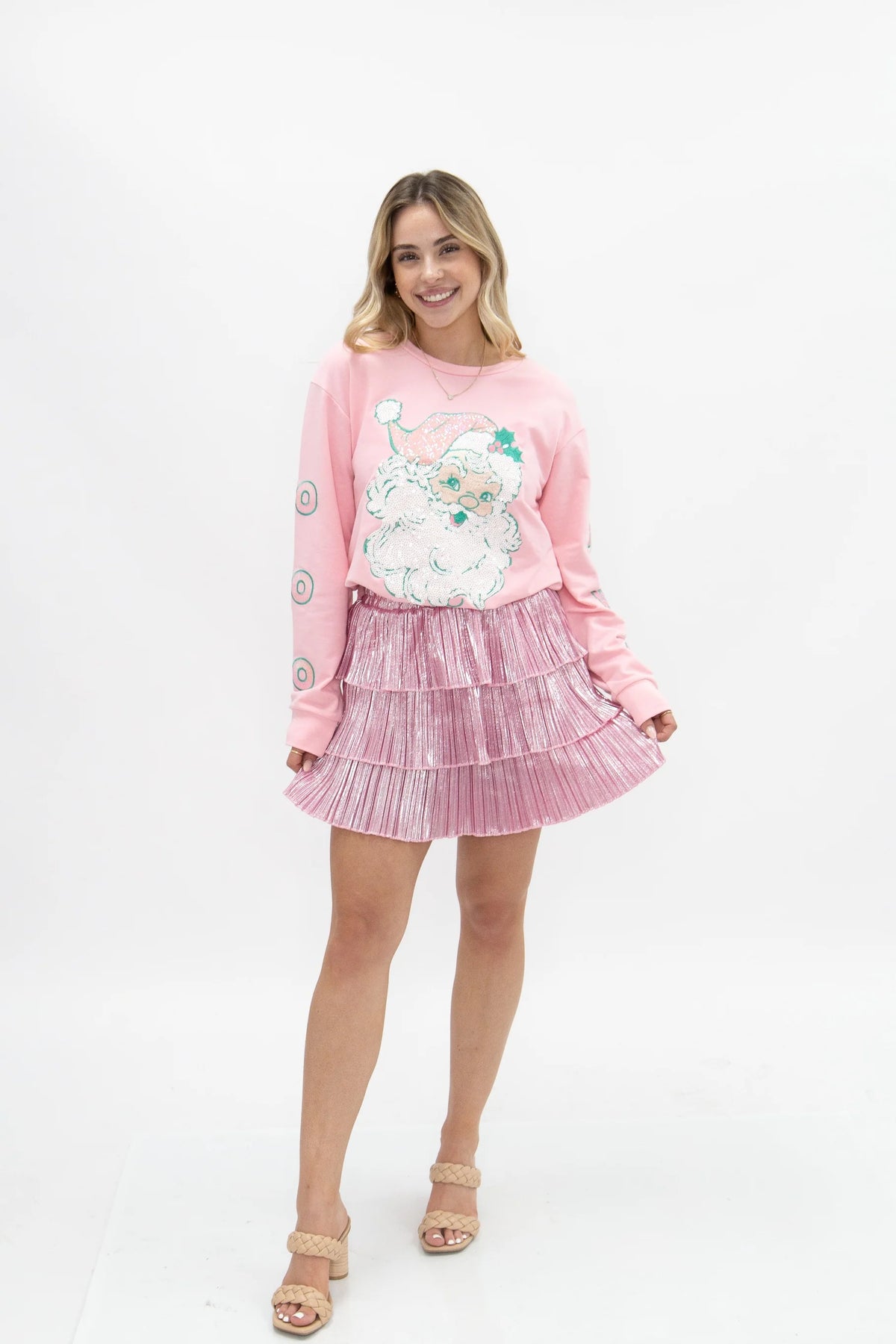 Pastel Sequin Santa Patch on Pink Long Sleeve