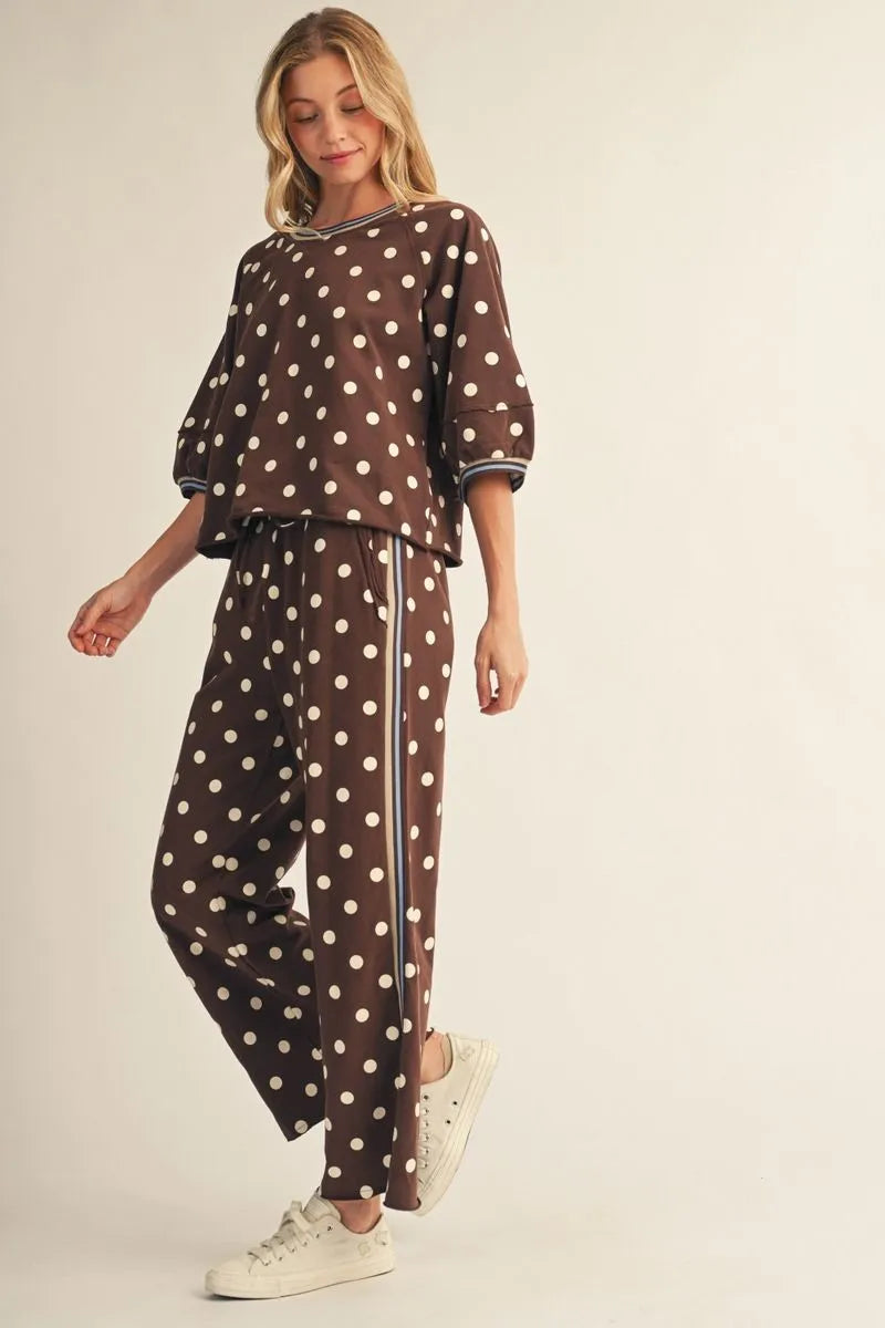 Polka dot top and drawstring waist polka dot pants set