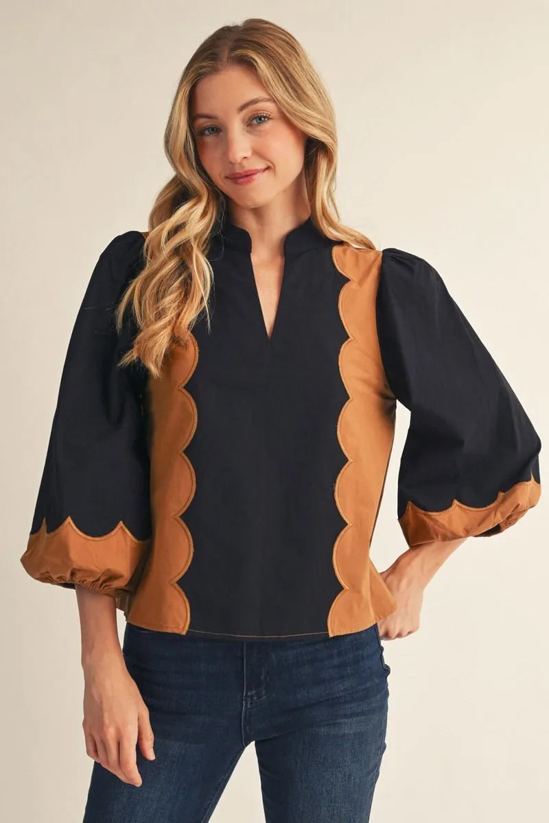 BLK COLOR BLOCK SCALLOPPED TOP