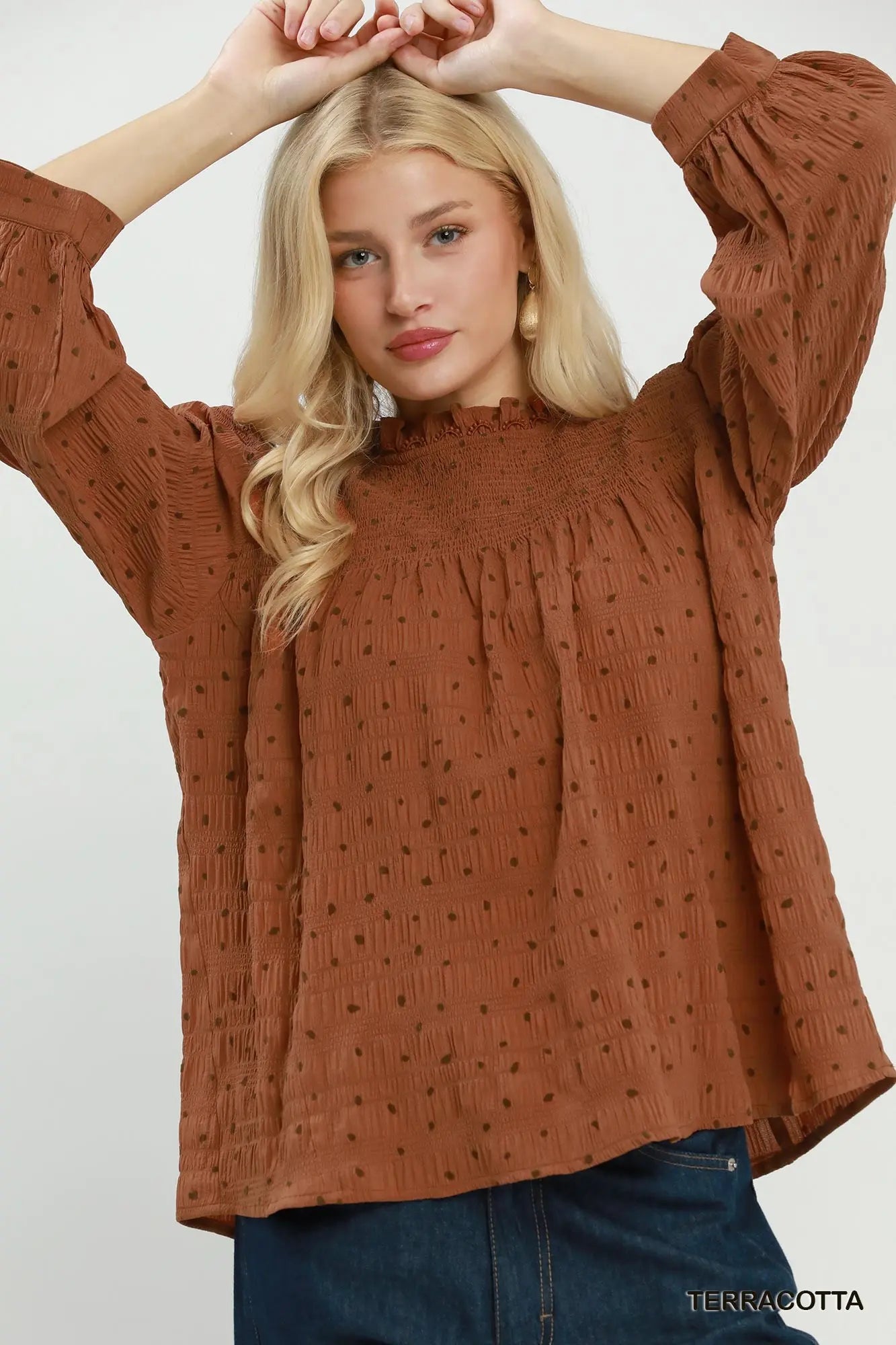 Polka Dot Smocked Detail Puff Sl TOP