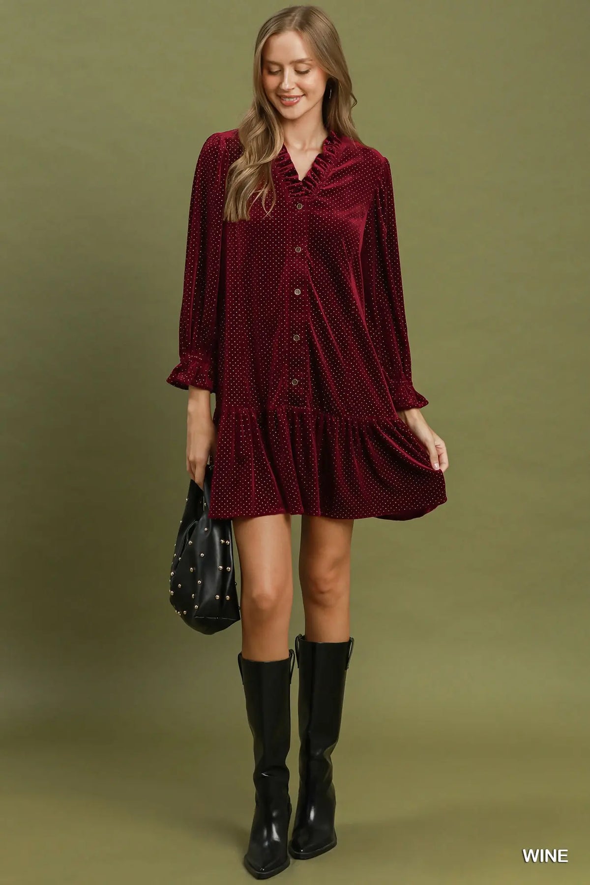 WINE Velvet Ruffle Collar Dr