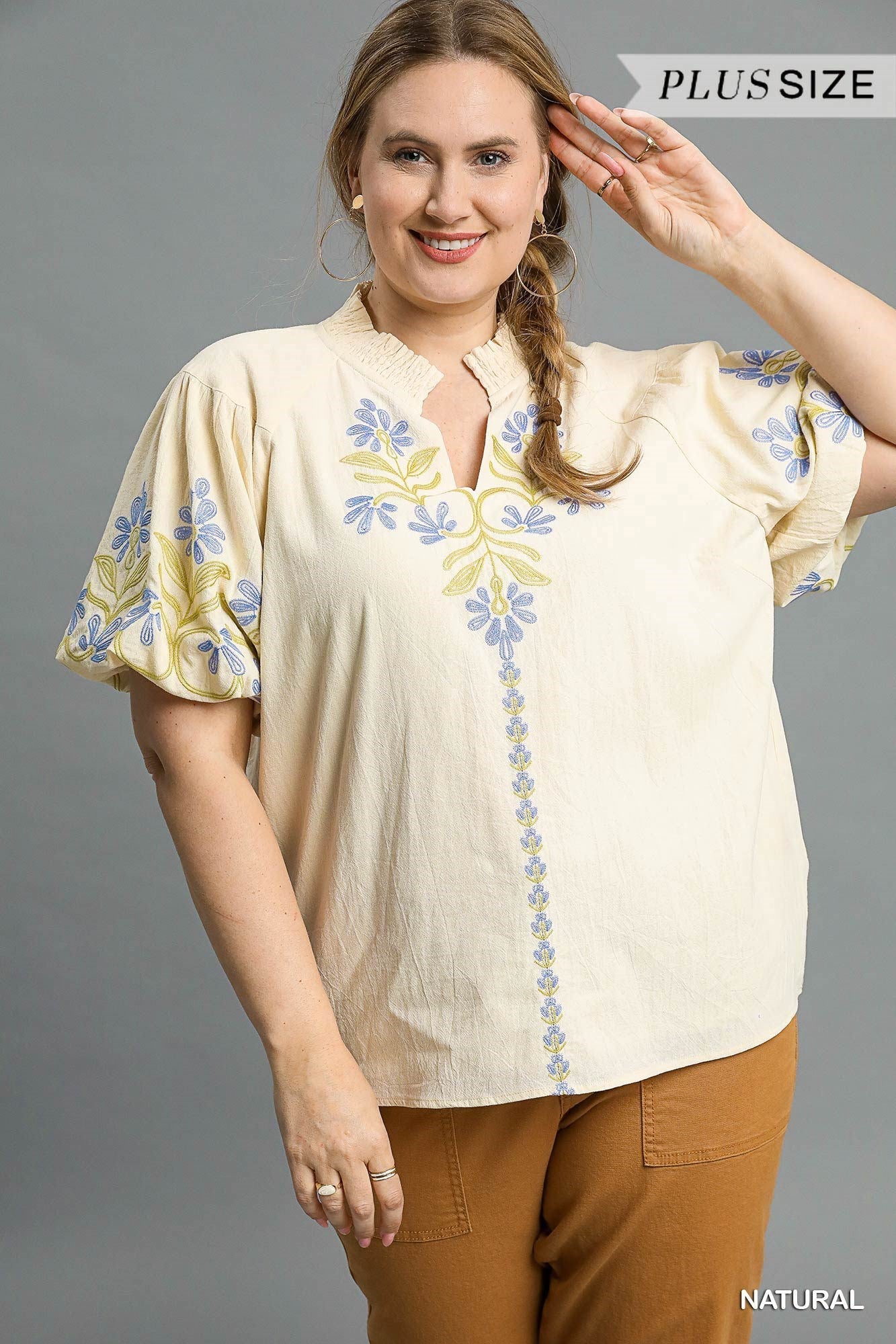 +Natural Floral Embroidered Puff Sleeve Top