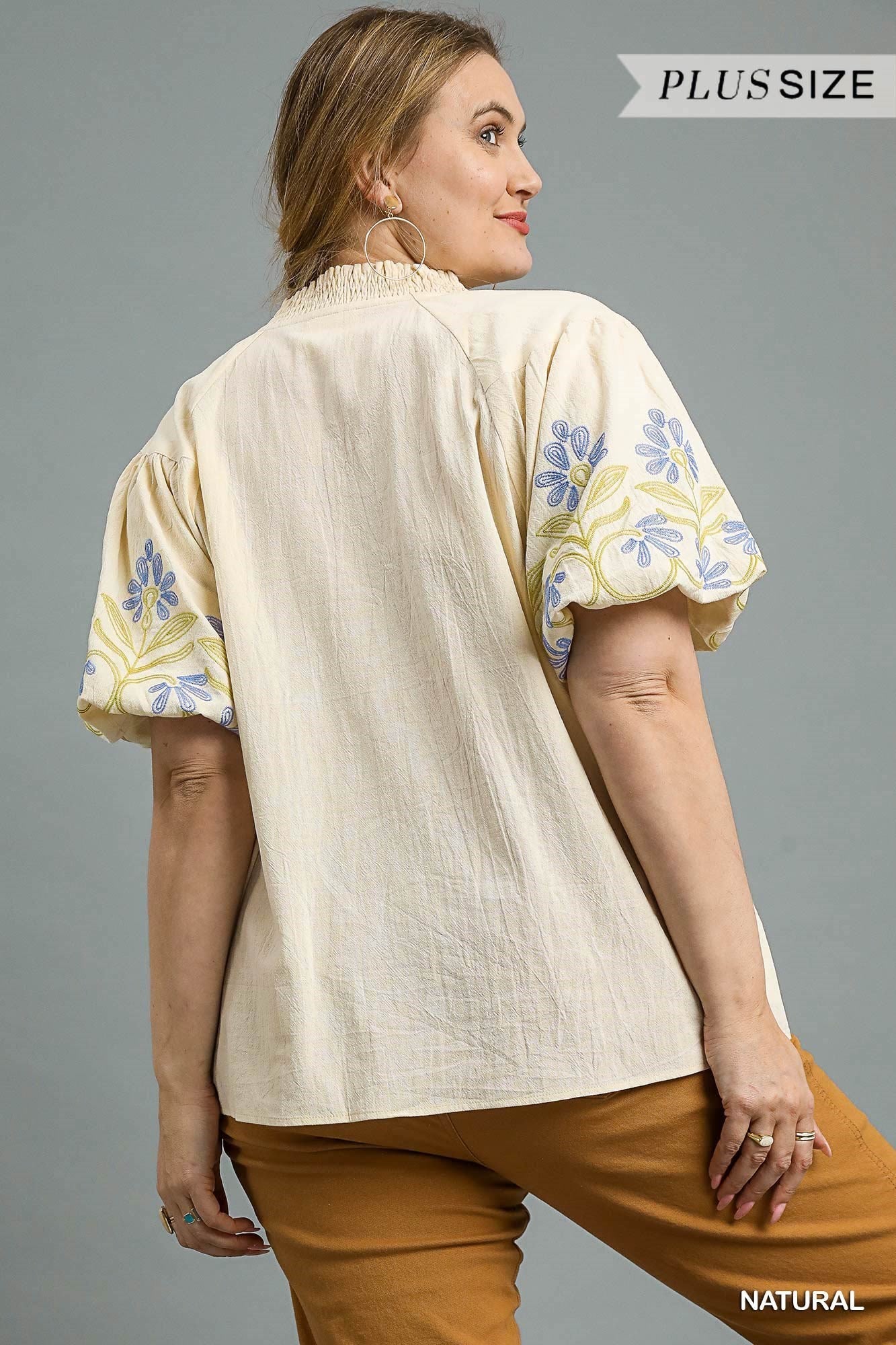 +Natural Floral Embroidered Puff Sleeve Top