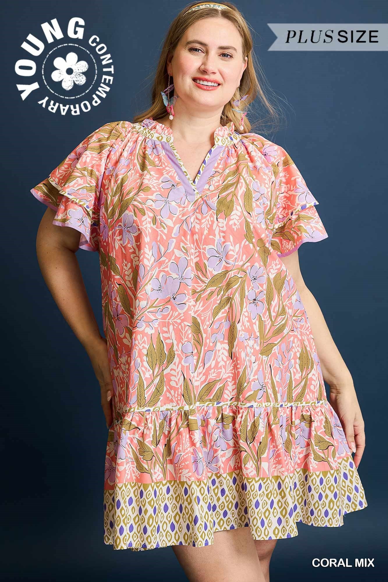 +Floral Ruffle Sleeve Dress