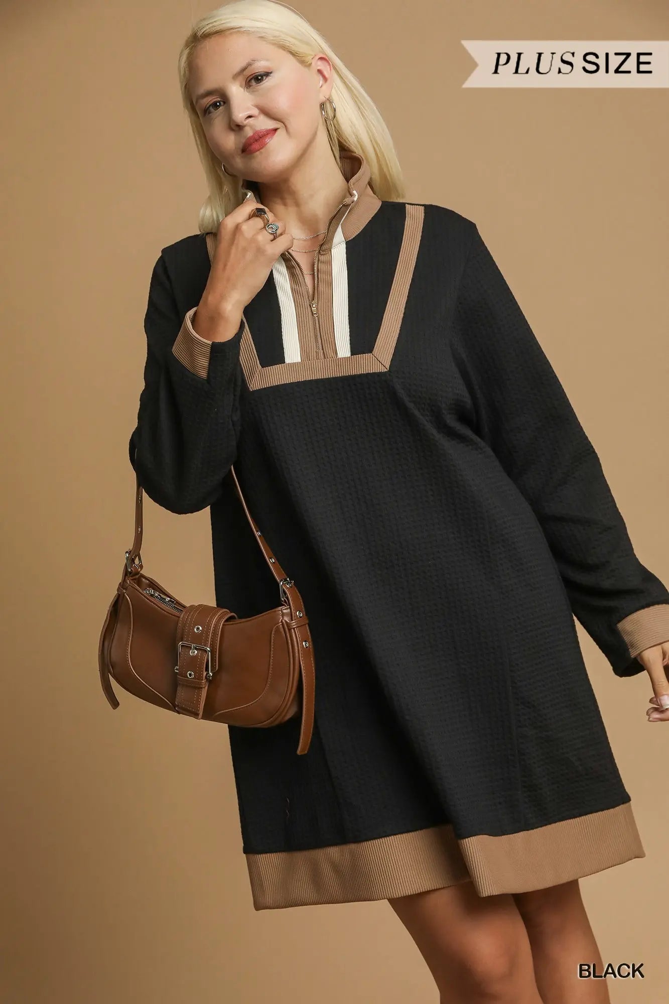 +Waffle Knit Zip Collar Tunic Dress