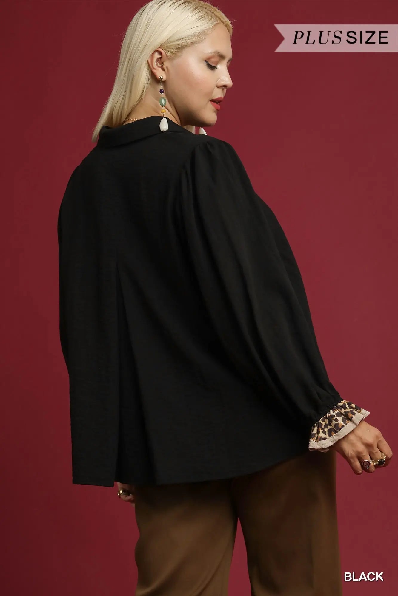 Button-Up Blouse with Leopard Print Trim
