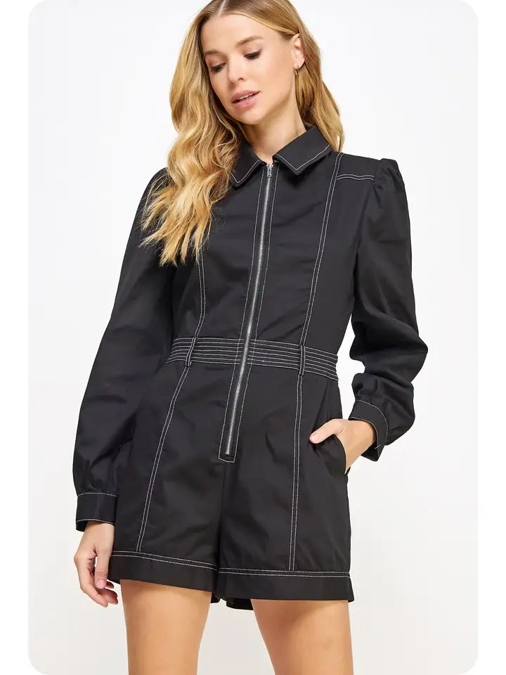 Black Top Stitch Detail Twill Romper