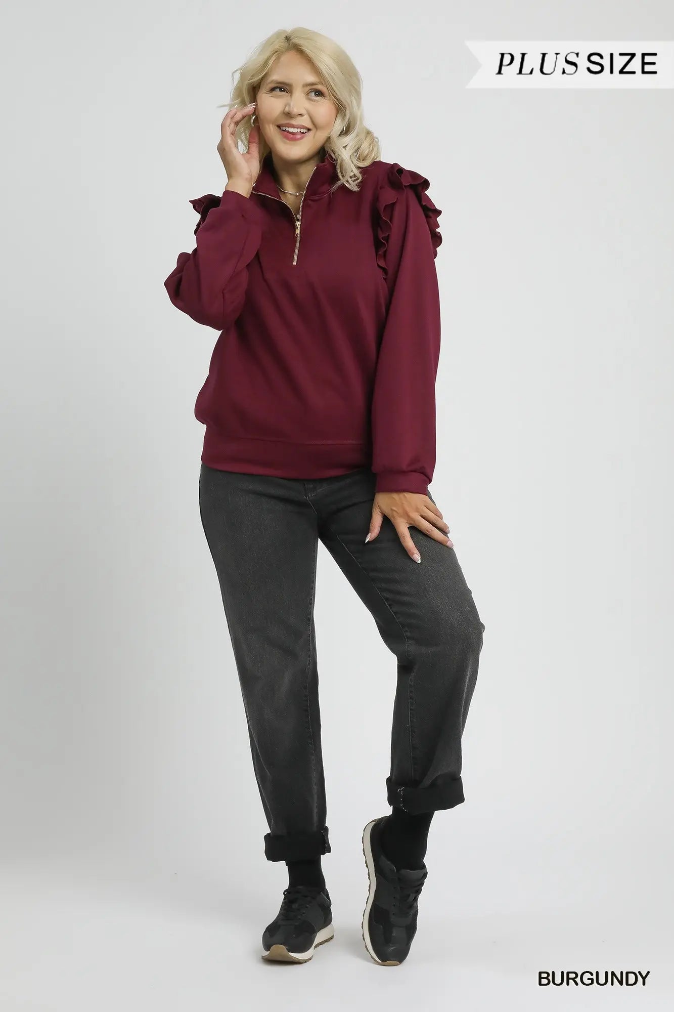 +Luxeknit Ruffle Shoulder Quarter-Zip Pullover
