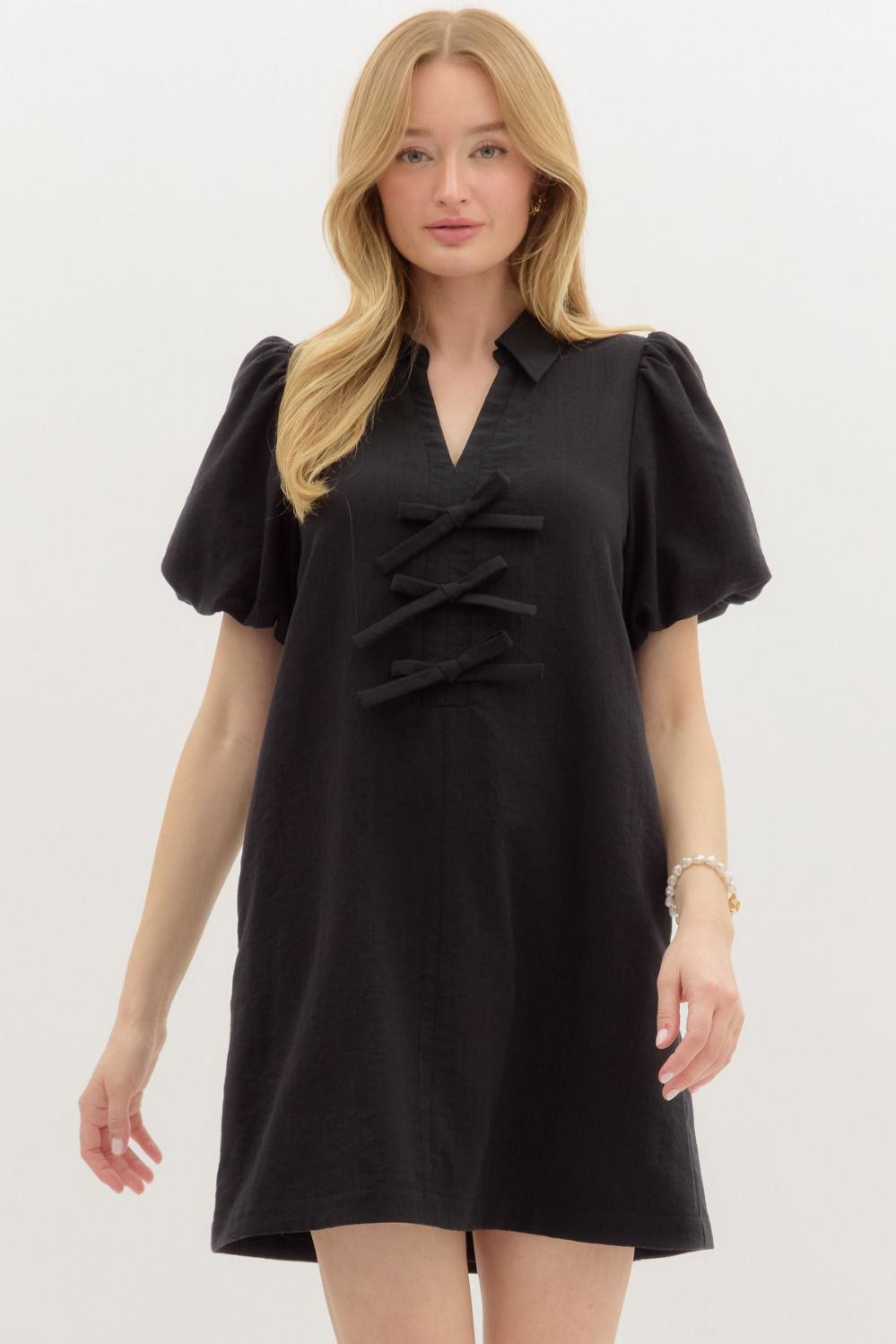 Black Bubble Sleeve Bow Dress