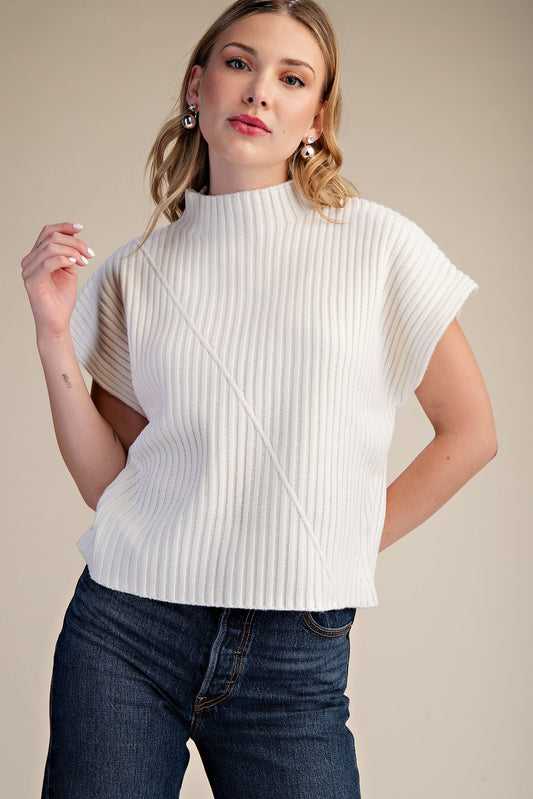 Ribbed Knit Vest Sweater, White