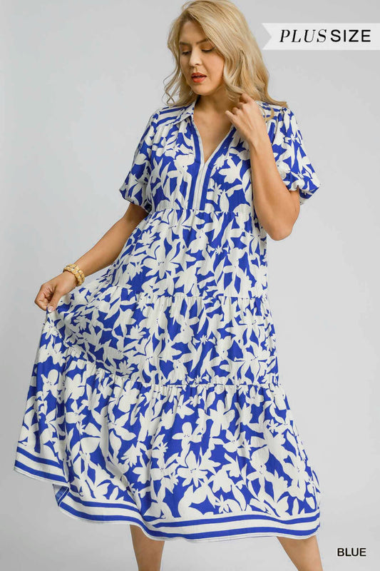+Blue Botanical Print Tiered Dress
