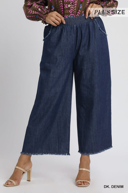 +Dark Denim Fringe Hem Pants
