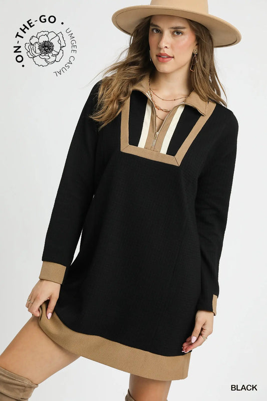 Waffle Knit Zip Collar Tunic Dress