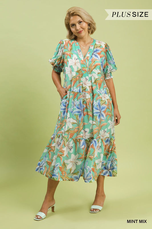 +Mint Mix Floral Tiered Midi Dress