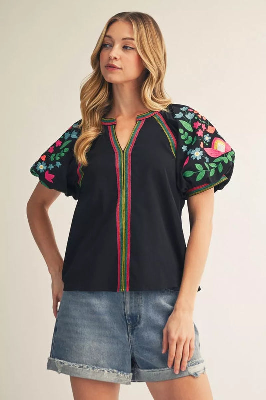 Embroidery Puff Sleeves Top, Black