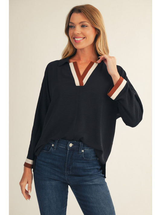Black Drop Shoulder Color Contrast Top