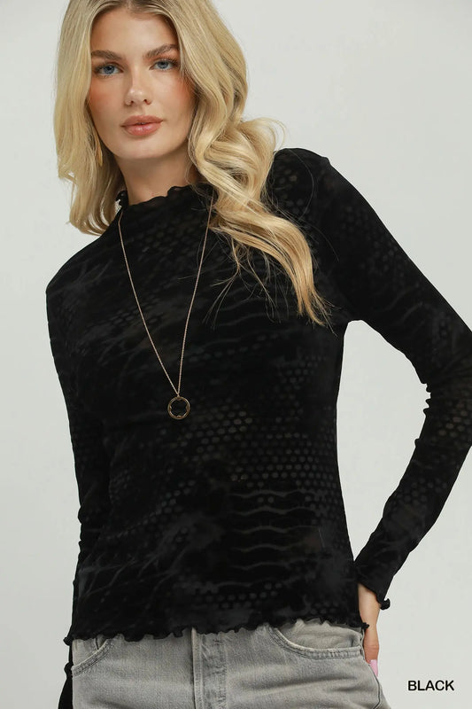 Textured Velvet Burnout Mock Neck TOP