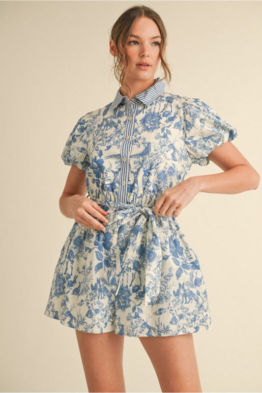BLUE & WHITE FLORAL PRINT ROMPER W/BUTTONS DOWN FRONT