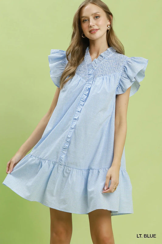 LT BLUE Stripe Smocked Ruffle Dress