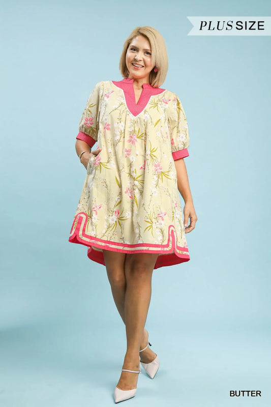Floral Puff Sleeve Dress w/ Contrast Trim