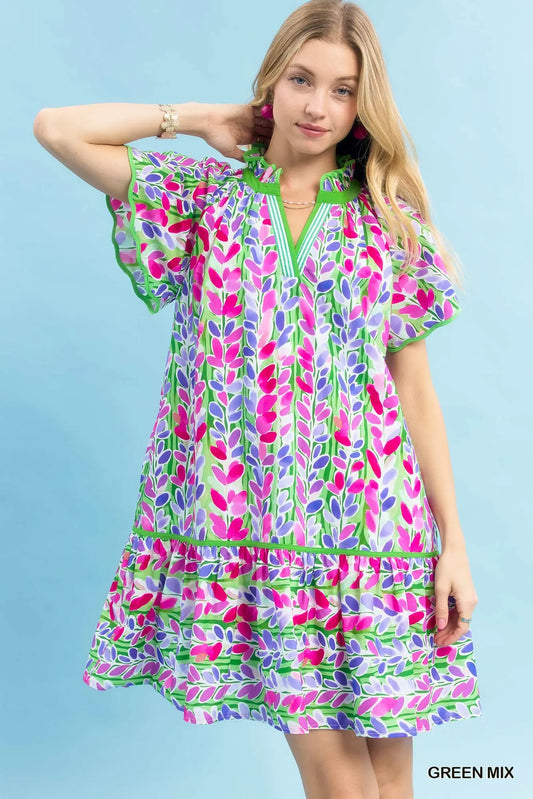 GREEN Mix Flutter Sleeve Babydoll Dress