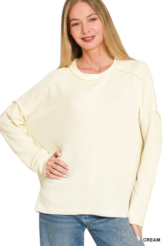CREAM Rib Raw Edge Boat Neck Top
