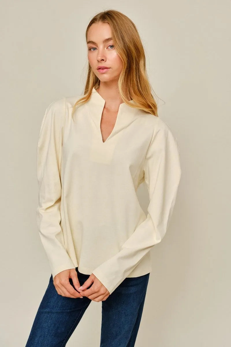 Shoulder puff detail long sleeves slit neck