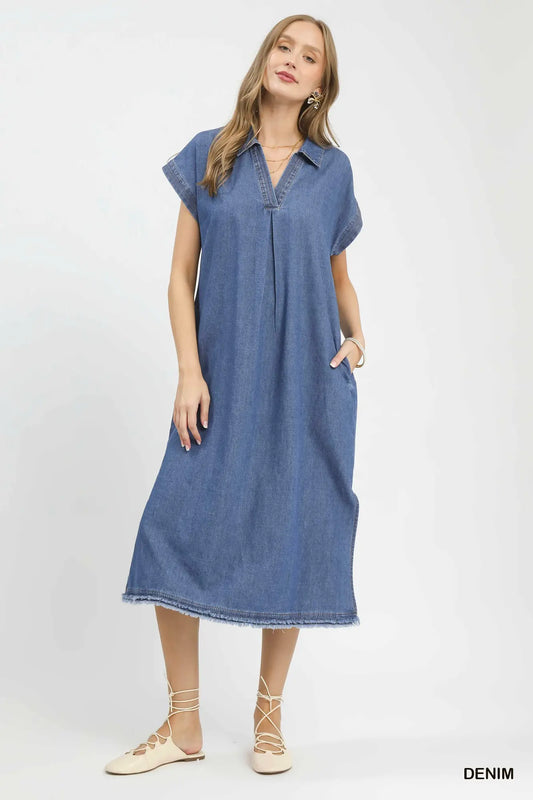Stone Washed Collared Denim Midi Dress