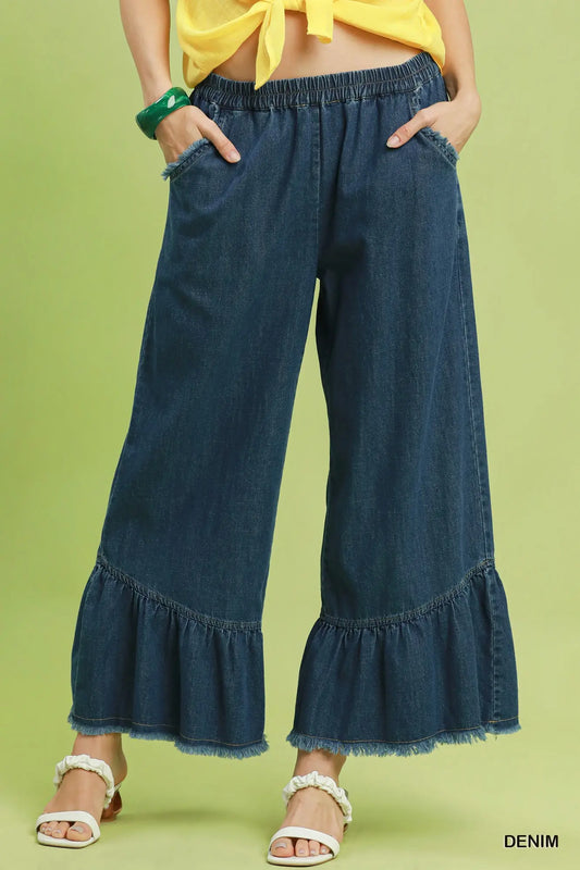 Washed Denim Wide Leg Pants