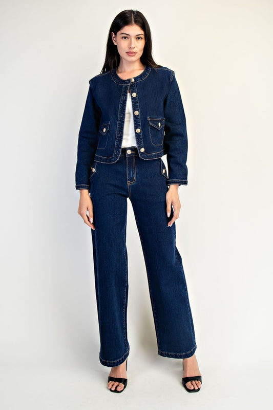Denim Crop Jacket Straight Pant Set