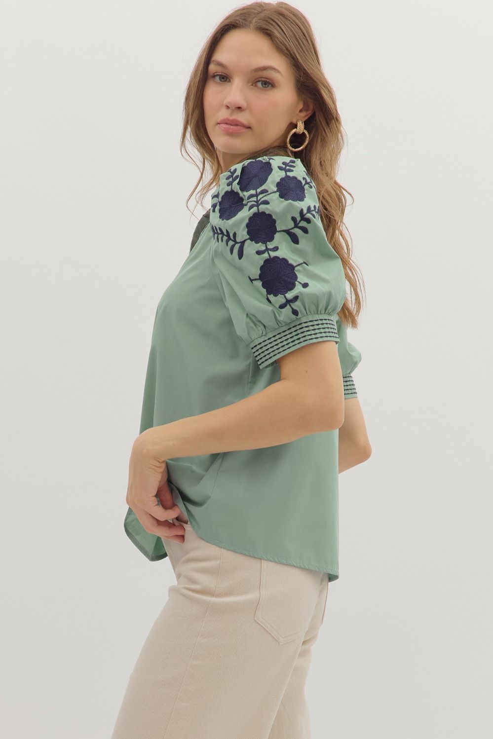 Sage Top W/ Navy Details