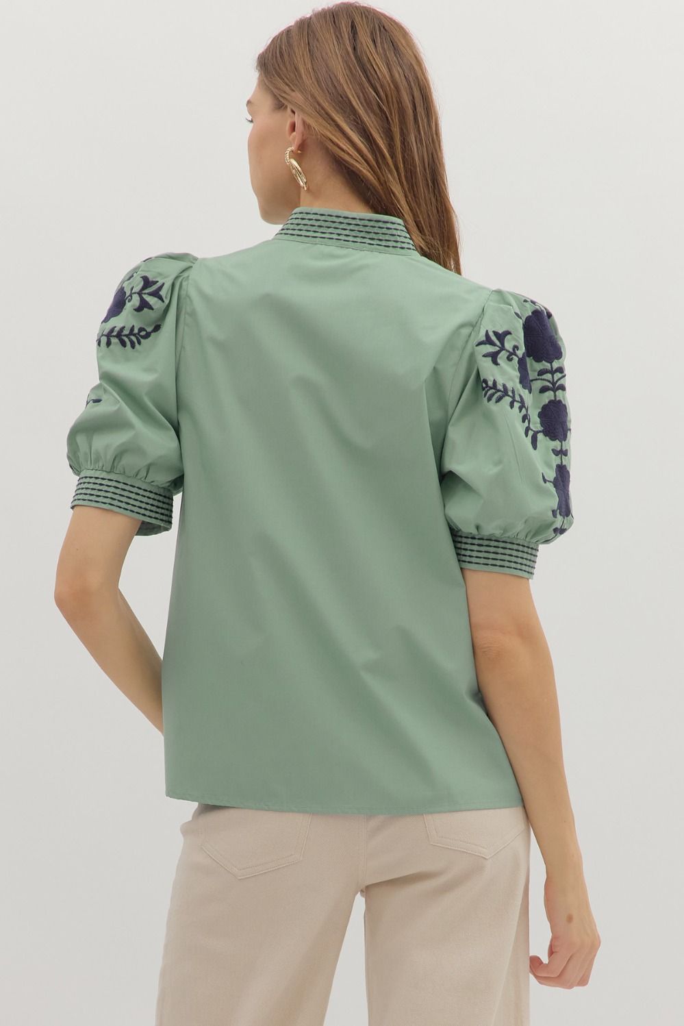 Sage Top W/ Navy Details