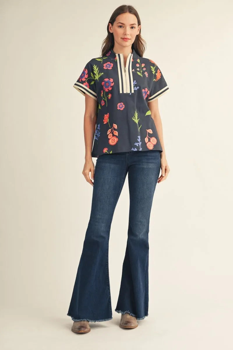 Drop shoulder front zip up floral top