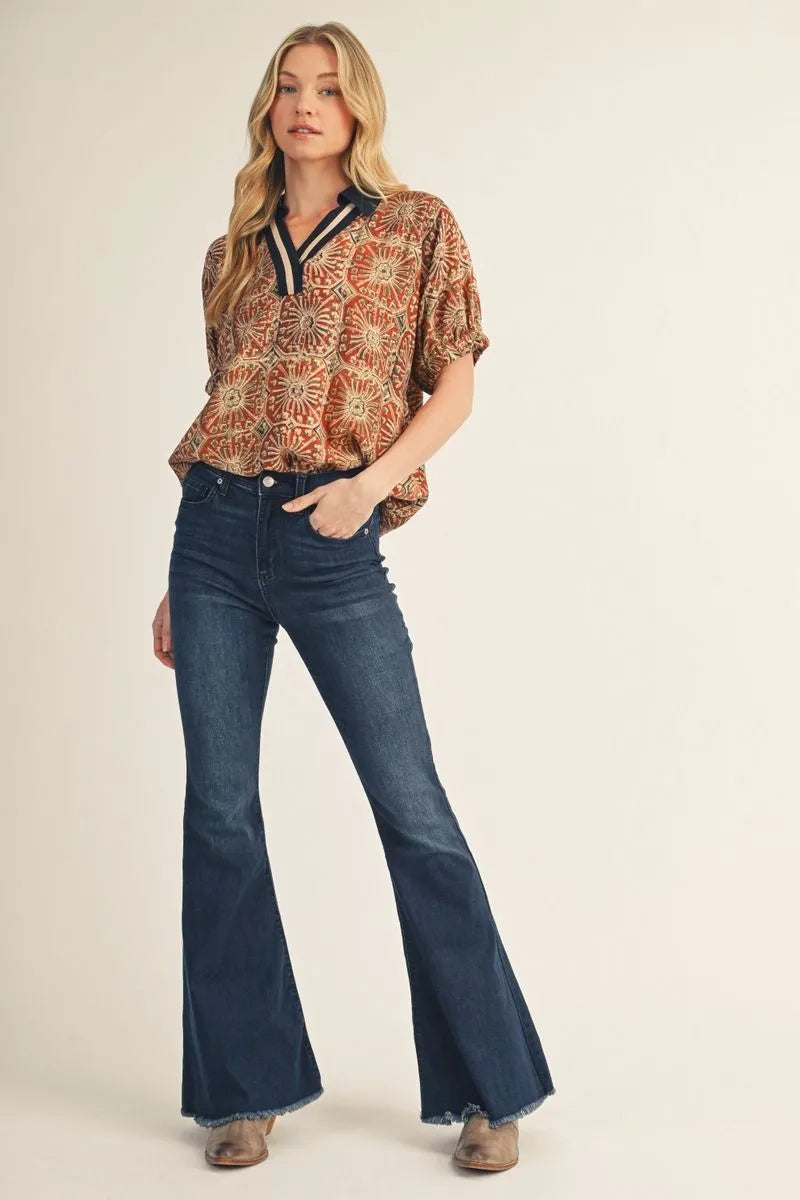 Drop shoulder boho print top with color contrast v neckline & collar