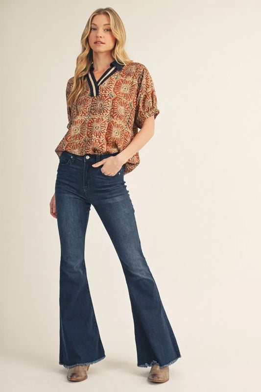 Drop shoulder boho print top with color contrast v neckline & collar