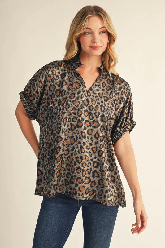 Black drop shoulder metallic leopard top.