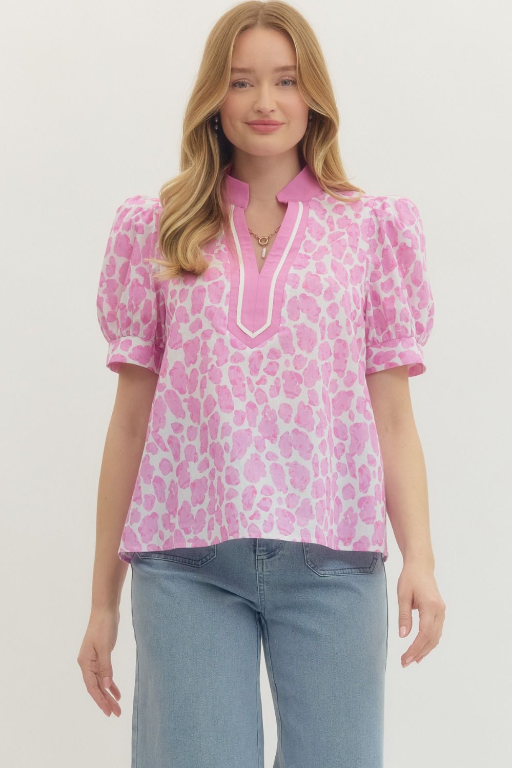 Pink Leopard Puff Sleeve Top