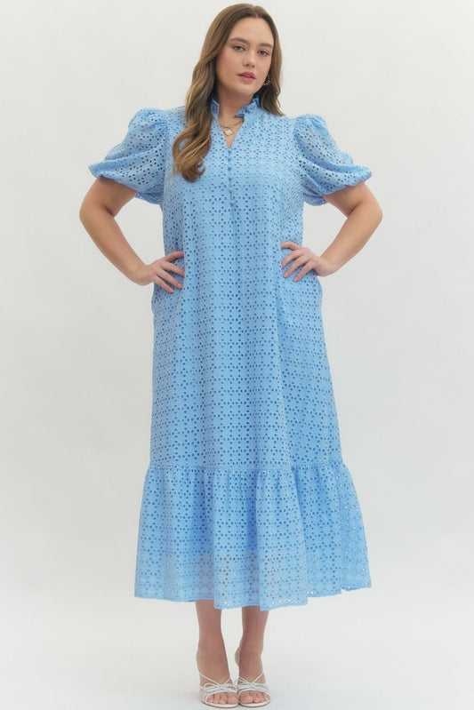 BLUE EYELET MIDI DRESS