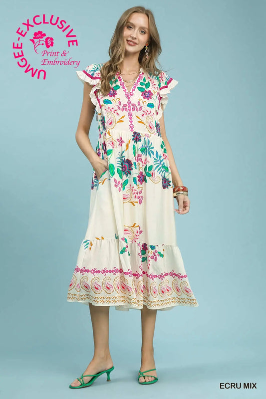 Ecru Mix Floral Midi Dress
