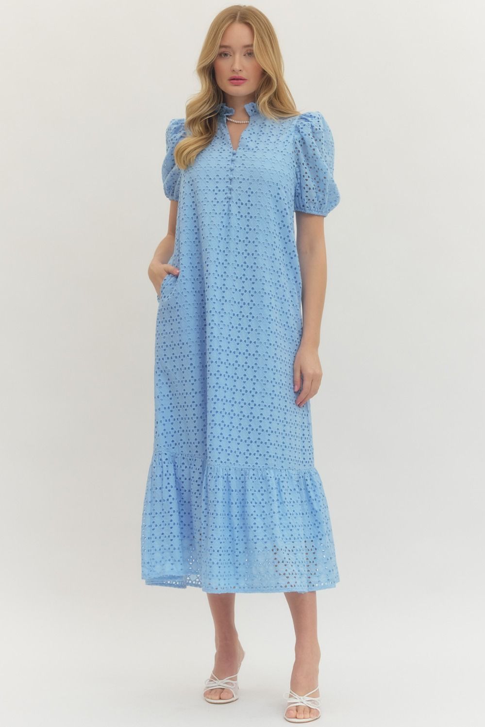 Blue Eyelet short puff sleeve midi dress