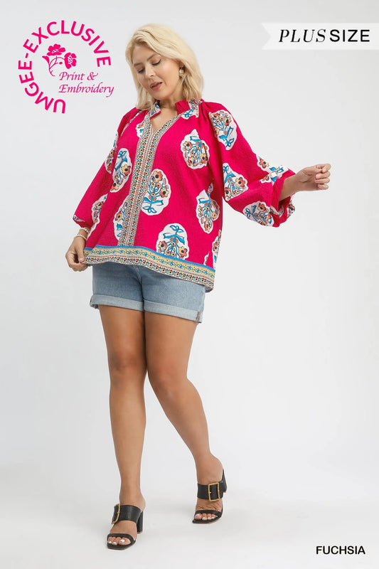 +FUCHSIA Boho Floral Print Tunic Top