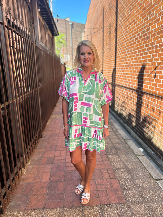 Green Mix Abstract Print Puff Sleeve Babydoll Dress