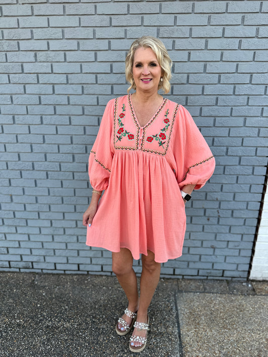 PEACH GAUZE EMBROIDERED DR