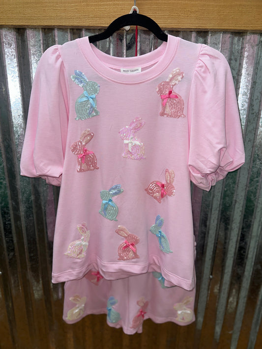 Sequin Bow Bunnies Pink Short Set