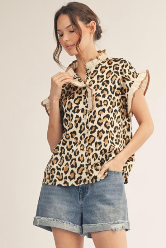 Ruffle Detail Leopard Satin Top