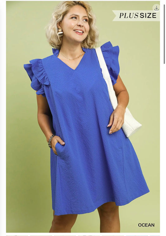 +OCEAN Seersucker Ruffle Shift Dress