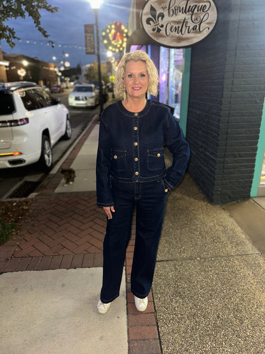 Denim Crop Jacket Straight Pant Set