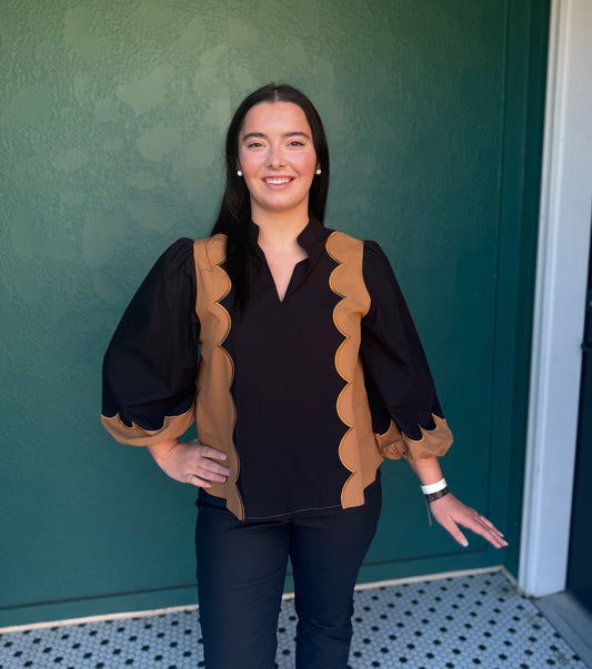 BLK COLOR BLOCK SCALLOPPED TOP