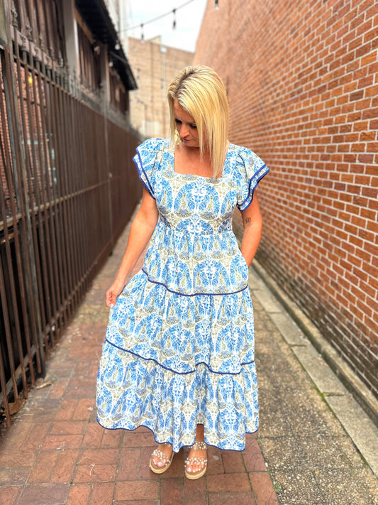 BLUE SQUARE NECK MAXI